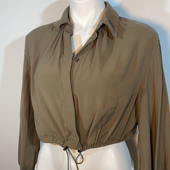 Zara Crop Button Down Shirt with Drawstring - Olive - Picture 6 of 14